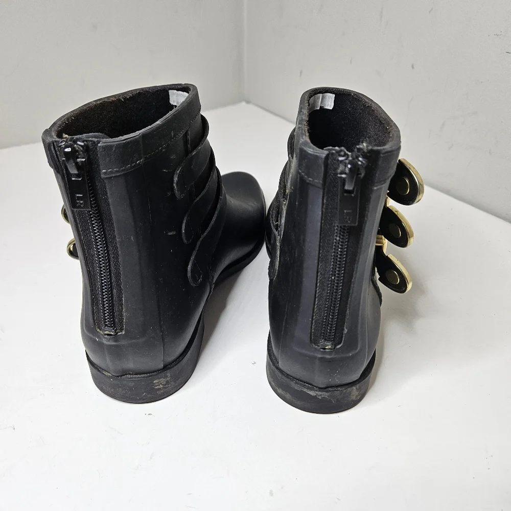 Randall Loeffler Rubber Rain Boots Black Gold Buckles Ankle Booties 8